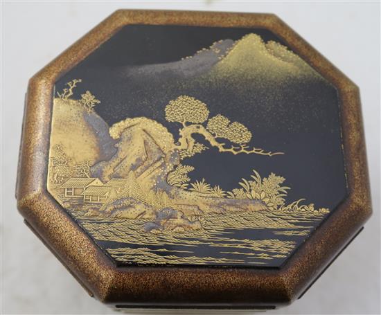 A Japanese togidashi gold lacquer jubako three tier box and cover, 18th century, 19.5cm, restorations